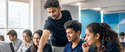 A trainer helping students through a coding problem in a classroom batch