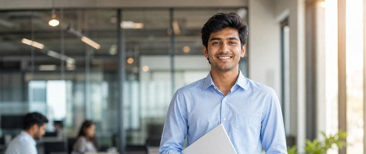 A graduate starting their first developer job at an IT company